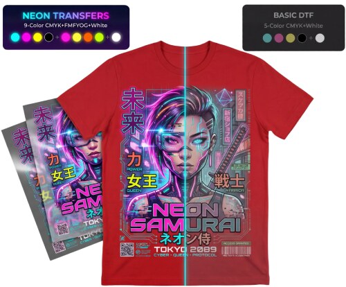 Side-by-side comparison of a design printed with 9-colour neon transfers versus 5-colour basic DTF