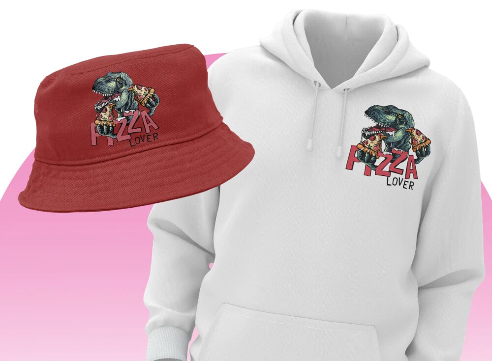 Custom-printed bucket hat and hoodie