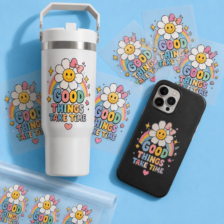 UV DTF stickers applied to a tumbler and a phone case