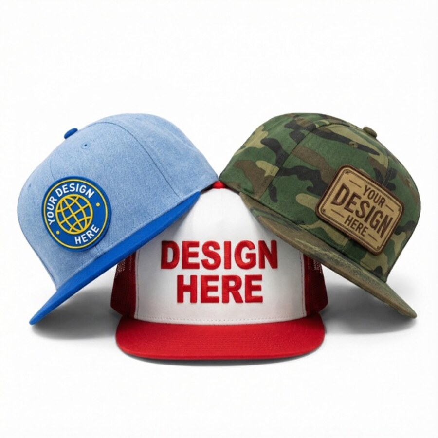 Three caps with custom UV-printed leather patches