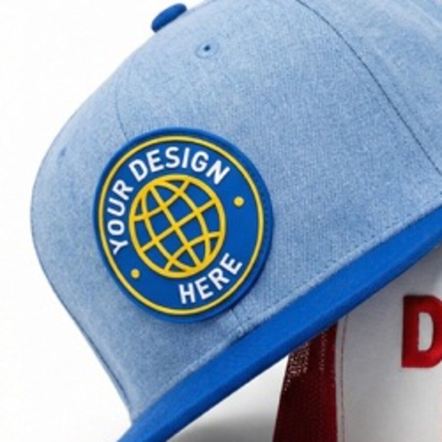 Close-up of a circular UV-printed patch on a blue cap