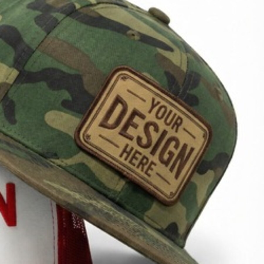 Close-up of a rectangular leather patch on a camo cap
